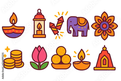 Indian festival, diwali, flat icon set. cultural, religious symbols collection.