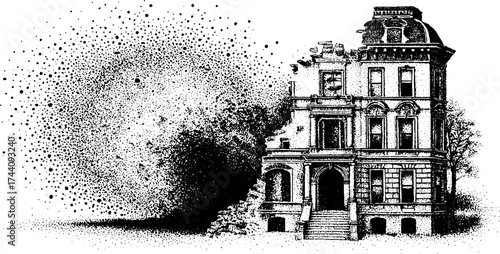 Detailed stipple dotwork illustration of a partially collapsed building architecture