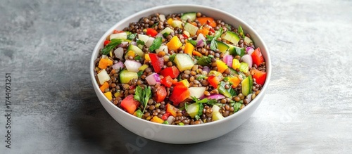 Colorful lentil salad with fresh vegetables in a white bowl on a grey background. Nutritious and vibrant vegetarian meal.