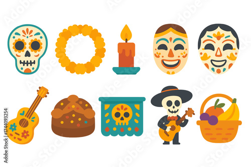 Dia de los muertos icon set. vibrant, flat icons celebrating mexican traditions