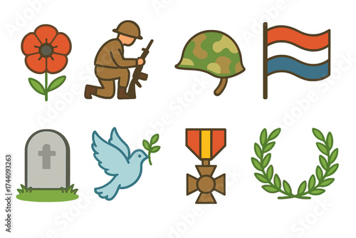 Memorial day outline icon set. veterans, military, peace symbols collection
