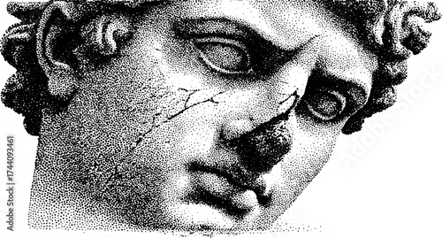 Ancient sculpture portrait with cracked surface in detailed dotwork stippling design