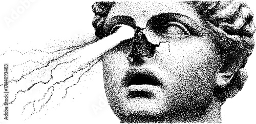 Intricate dotwork stipple illustration of a cracked bust with unique visual effect for artistic design