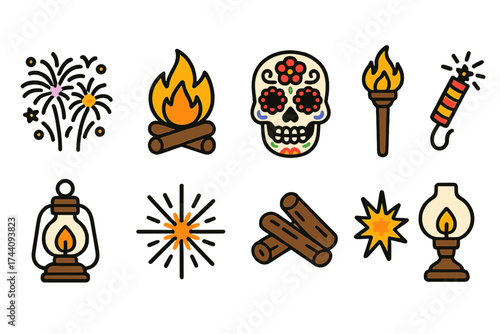 Dia de los muertos linear icon set. mexican celebration, festival icons collection