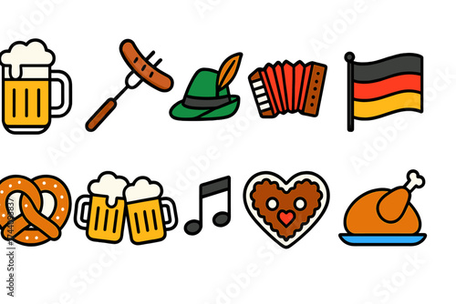 Oktoberfest flat icon set. beer, pretzel, sausage, bavarian symbols collection