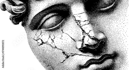 Detailed dotwork stippling of cracked marble bust for art design