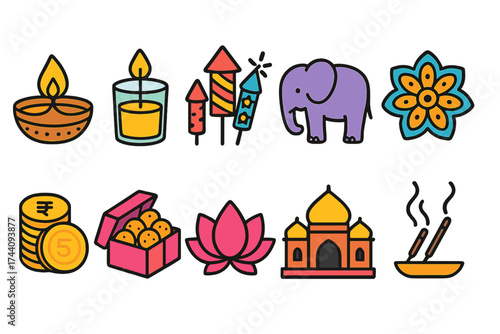Diwali celebration flat icon set with cultural and festive elements