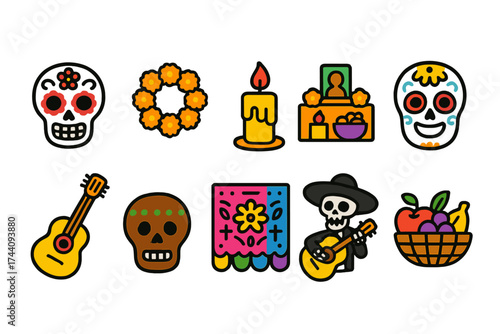 Day of the dead flat icon set. colorful, festive celebration icons collection