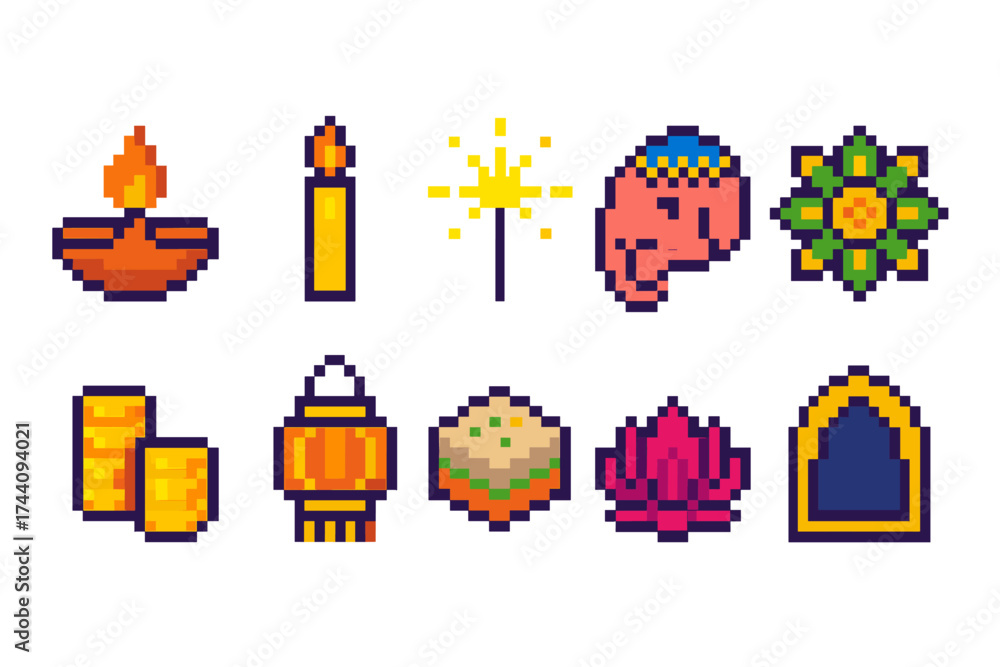 Obraz premium Diwali celebration pixel icon set. festive, hindu festival icons collection