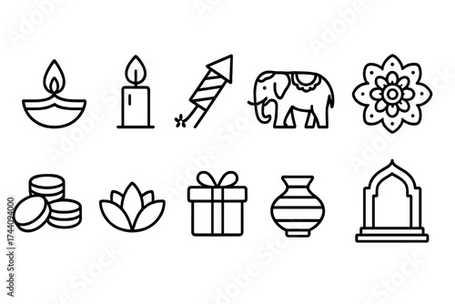 Diwali festive outline icon set. festival, celebration symbols in linear design.