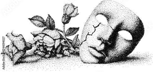 Stipple art of a cracked mask with roses - vintage dotwork design for posters and cards