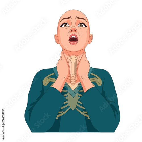 Distressed woman clutches throat with horrified expression, showcasing medical emergency or choking hazard in a teal skeleton shirt, isolated on white