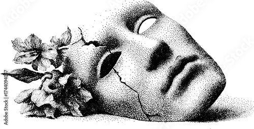 Intricately stippled cracked mask with floral elements: dotwork art for creative design