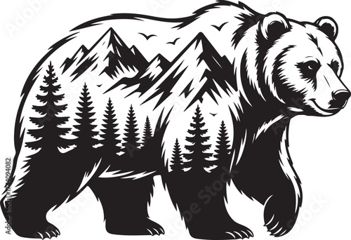 Bear Silhouette with Forest and Mountain Landscape