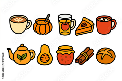 Autumn, food and drink icon set. cozy, seasonal items in flat style collection