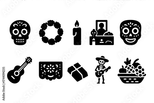Day of the dead silhouette icon set. cultural, mexican celebration silhouettes collection