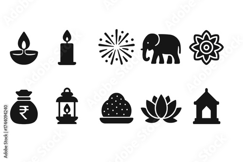 Diwali celebration silhouette icon set. festival of lights symbols and decor.