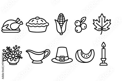Thanksgiving celebration outline icon set. autumn, harvest, and holiday symbols.