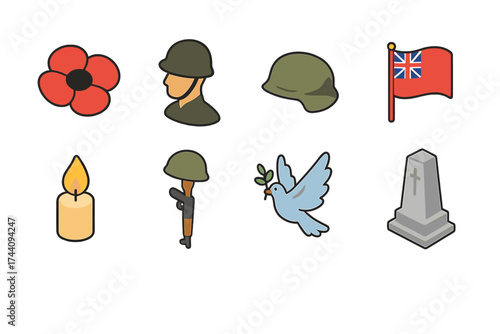 Veterans day flat icon set. commemorative, memorial, peace symbols collection