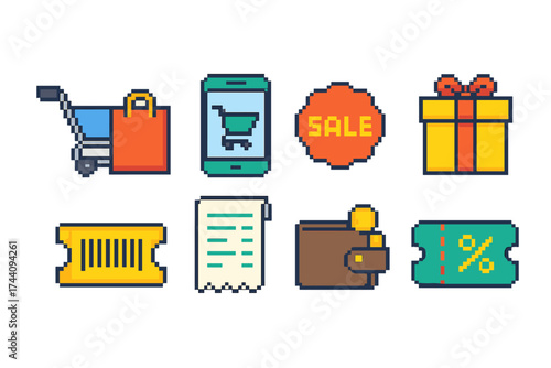 Shopping and e-commerce pixel icon set. retail and discount pixel art icons.
