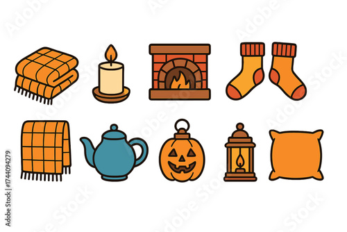 Cozy autumn outline icon set. seasonal warmth, comfort outline collection