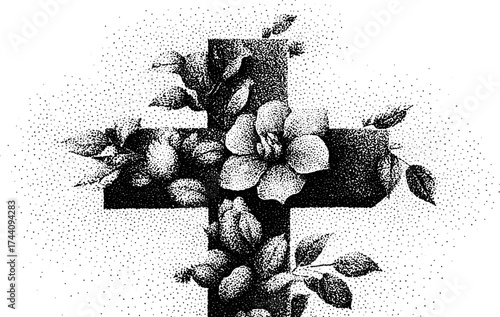 Ornate cross with floral desig​​n in dotwork stipple technique for religious art