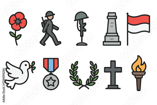 “military and remembrance flat icon set. armed forces and memorial symbols collection”