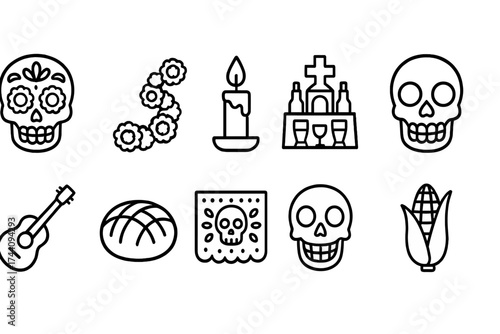 Day of the dead, dia de los muertos outline icon set. holiday symbols collection.