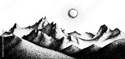 Intricate dotwork landscape illustration featuring a distant temple against mountainous horizon