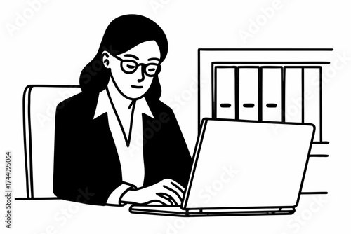 Serious Hispanic company accountant woman in glasses working at laptop