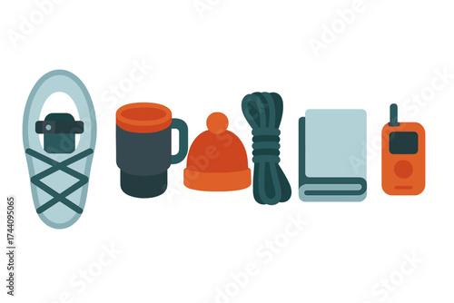 Essential equipment for winter hiking and outdoor adventure including snowshoe, mug, hat, rope, and communication device