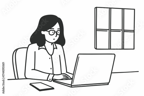 Serious Hispanic company accountant woman in glasses working at laptop