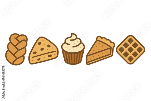 Various sweet baked goods including braided bread, cake, cupcake, pie slice, and waffle