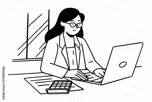Serious Hispanic company accountant woman in glasses working at laptop