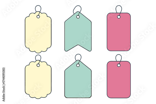 Six blank pastel colored price tags and labels in various decorative shapes for retail marketing