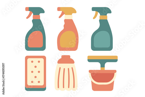 Essential household cleaning tools collection including spray bottles and bucket
