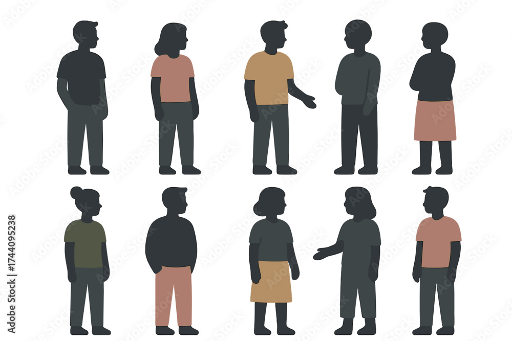 Fototapeta premium Collection of diverse people silhouettes in casual clothing standing poses