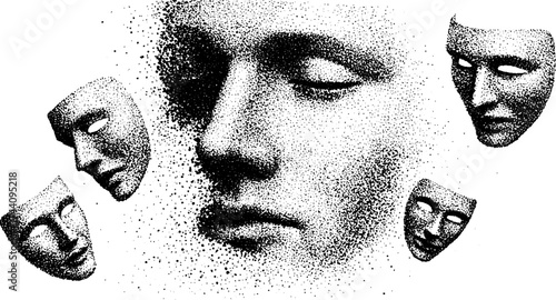 Faceless human masks in detailed dotwork stippling illustration