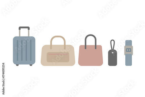 Assortment of travel baggage, personal bags, identification tag, and digital timepiece symbols
