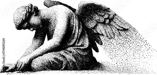 Fallen angel in thoughtful pose - intricate dotwork stippling art for design projects