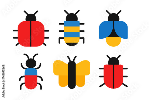 Collection of stylized colorful insect icons featuring ladybugs and fireflies