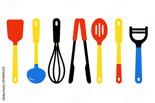Assortment of colorful cooking utensils including spatula whisk tongs and peeler