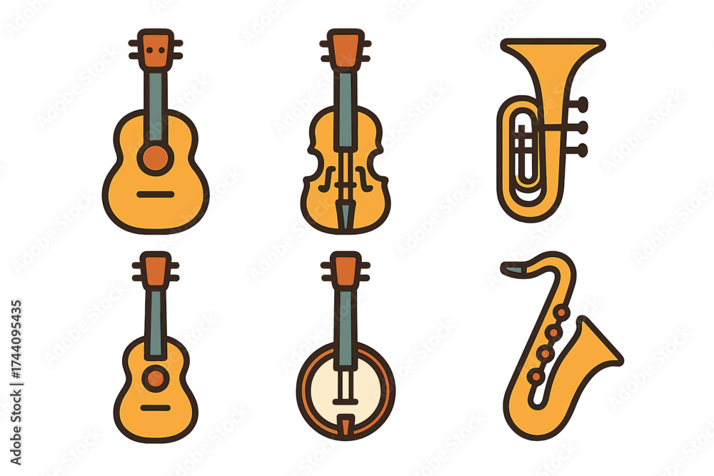Naklejka premium Collection of string and brass musical instrument icons for music concepts