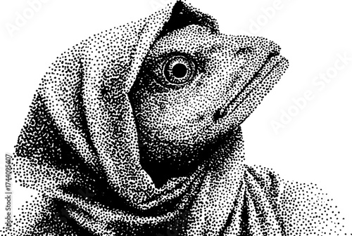 Surreal fish-headed human in vintage dotwork stipple art for creative design