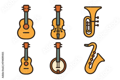 Collection of string and brass musical instrument icons for music concepts
