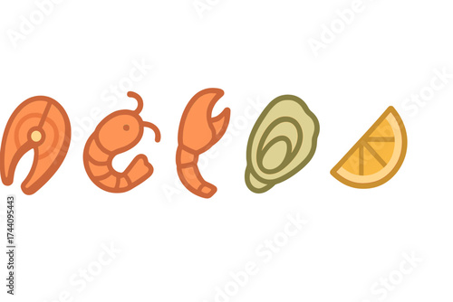 Collection of stylized icons featuring salmon steak shrimp oyster and lemon slice