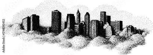 Foggy city skyline in detailed dotwork stipple art for urban design concepts