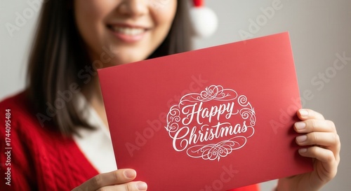 A woman in a festive red sweater smiles while holding a Christmas card. The card features a decorative 'Happy Christmas' message, creating a joyful holiday mood.