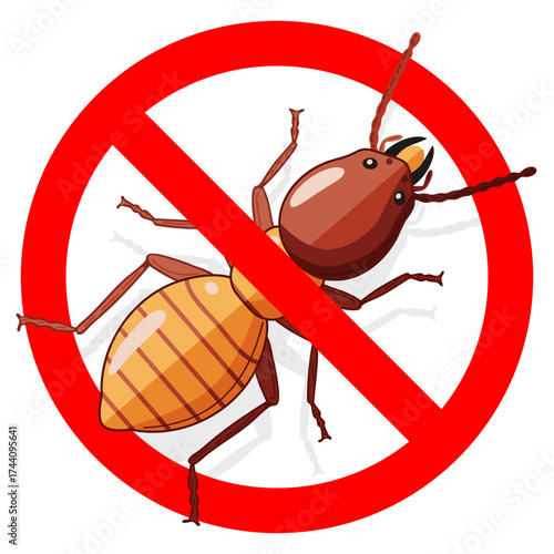 Prohibitory sign, termite insect crossed out by a red line.Dangerous wood eating bug alert symbol.Extermination of insect pest. For pest control concept.