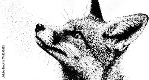Intricate dotwork stipple illustration of a fox in profile with artistic detail